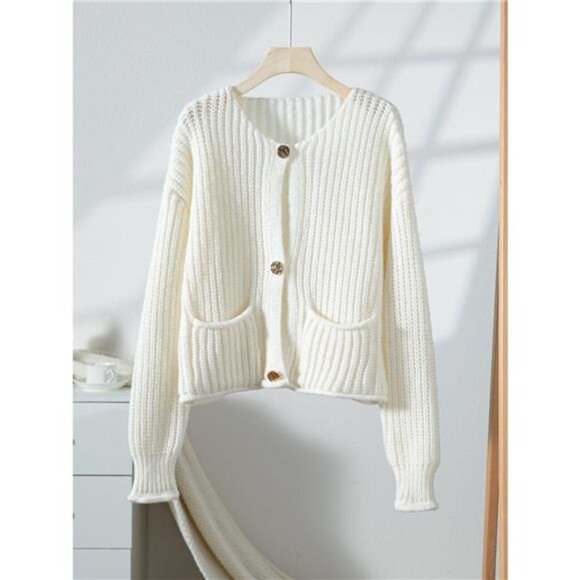 Button-Front Knit Cardigan with Pockets - Picture 7 of 8